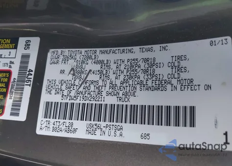 2013 Toyota Tundra Grade 5.7L V8 из США, поврежденный, VIN 5TFDW5F19DX292211